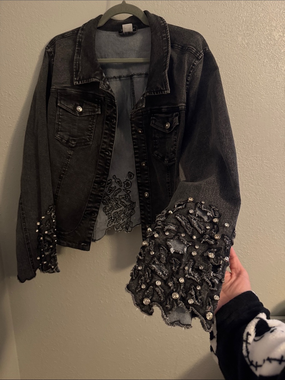 Venus Embellished Black Denim Jacket with Distressed Pearl Sleeves